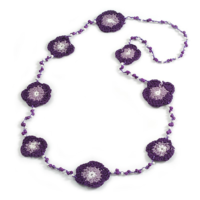 Handmade Violet/Lavender/White Floral Crochet Plum/White Glass Bead Long Necklace/ Lightweight - 100cm Long