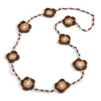 Handmade Brown/Camel/White Floral Crochet Cinnamon Brown/White Glass Bead Long Necklace/ Lightweight - 100cm Long