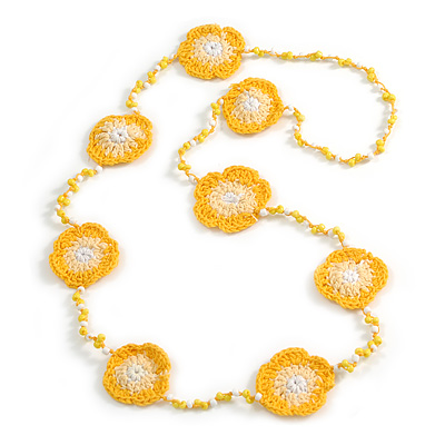 Handmade Gold Yellow/Daffodil Yellow/White Floral Crochet Pineapple Yellow/White Glass Bead Long Necklace/ Lightweight - 100cm Long