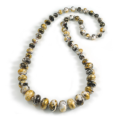 Long Graduated Oval/Round Wooden Bead Colour Fusion Necklace in Gold/Black/White Colours - 80cm Long