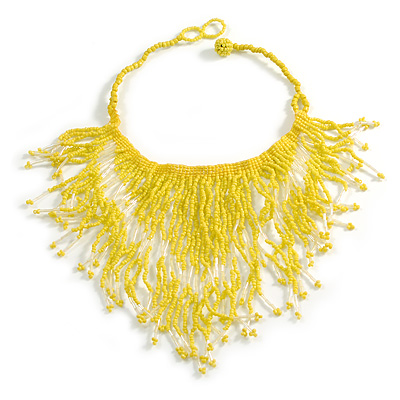 Statement Glass Bead Bib Style/ Fringe Necklace In Yellow/Transparent Colours - 38cm Long/ 15cm Front Drop
