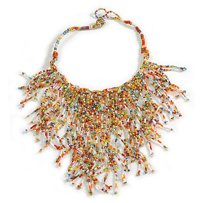 Statement Multicoloured Glass Bead Bib Style/ Fringe Necklace - 37cm Long/3cm Ext/ 15cm Front Drop