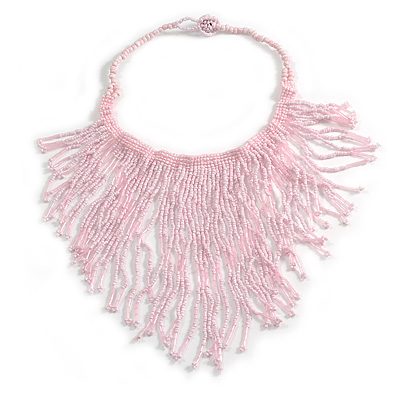 Statement Glass Bead Bib Style/ Fringe Necklace In Baby Pink Colours - 38cm Long/ 15cm Front Drop