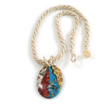 Oval Shell Pendant on Antique White Bead Twisted Cord Necklace in White/Red/Blue/Yellow Colours - 44cm Long