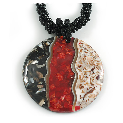 Round Shell Pendant with Glass Bead Twisted Rope Necklace in Black/White/Red - 45cm L/ 50mm Diameter