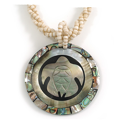 Shell Round Pendant with Turtle Motif on Twisted Beaded Cord Necklace in Black/Grey/Abalone Colours - 44cm L/ 50mm Diameter