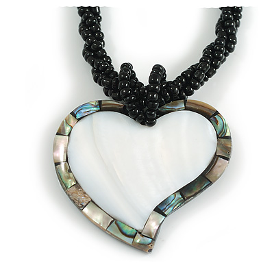 Heart Shell Pendant with Black Bead Twisted Cord Necklace in Silvery Grey/Abalone Colours - 44cm Long