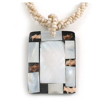 Rectangular Shell Pendant with Antique White Beaded Twisted Cord Necklace in Silvery Grey/Brown Colours - 44cm Long