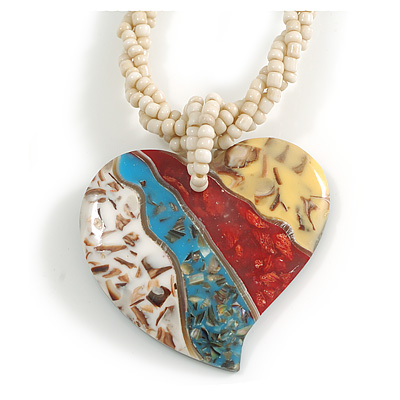 Heart Shell Pendant with Antique White Twisted Cord Necklace in White/Blue/Red/Yellow Colours - 44cm Long