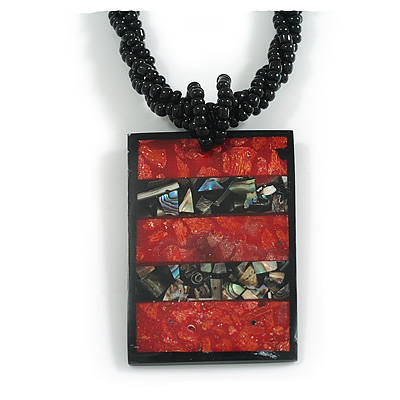 Rectangular Shell Pendant with Black Beaded Twisted Cord Necklace in Black/Red Colours - 44cm Long