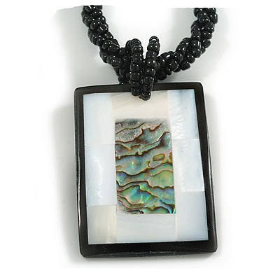 Rectangular Shell Pendant with Black Beaded Twisted Cord Necklace in Black/Silvery Grey/Abalone Colours - 44cm Long