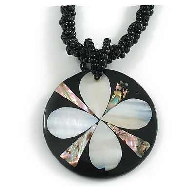 Round Shell Pendant with Flower Motif Black Glass Bead Twisted Rope Necklace in Black/Silvery Grey/Abalone Colours - 44cm L/ 50mm Diameter