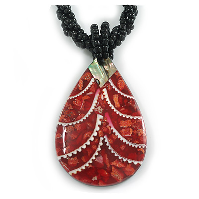 Teardrop Shell Pendant on Black Bead Twisted Cord Necklace in Red/White/Abalone Colours - 44cm Long