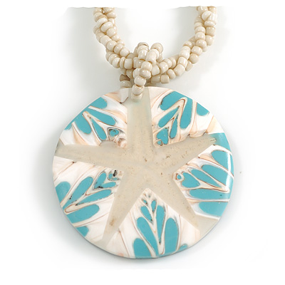 Round Shell Pendant Antique White Glass Bead Twisted Rope Necklace in Cream/White/Light Blue Colours - 44cm L/ 50mm Diameter