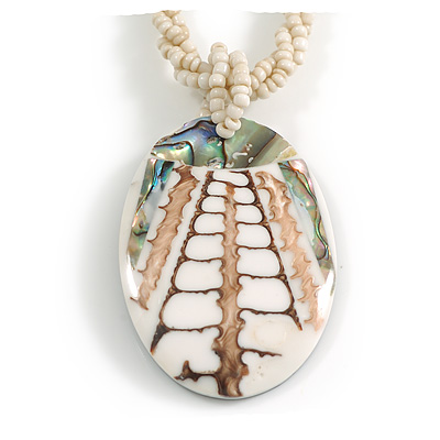 Oval Shell Pendant Antique White Glass Bead Twisted Rope Necklace in White/Brown/Abalone Colours - 44cm Long