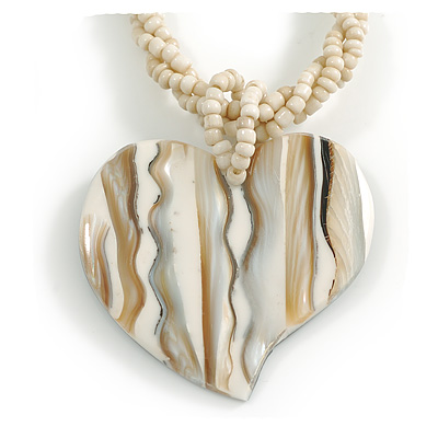 Heart Shell Pendant with Antique White Twisted Cord Necklace in White/Beige Colours - 44cm Long