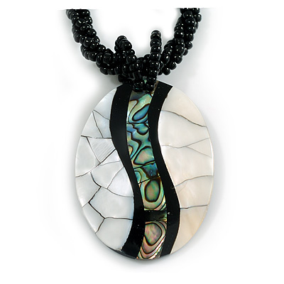 Shell Oval Pendant with Twisted Beaded Cord Necklace in Black/Light Grey/White/Abalone Colours - 44cm Long