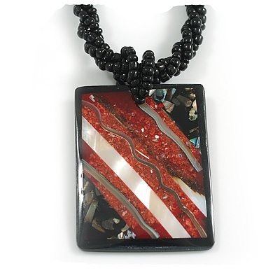 Rectangular Shell Pendant with Black Beaded Twisted Cord Necklace in Black/Red/White/Abalone Colours - 44cm Long