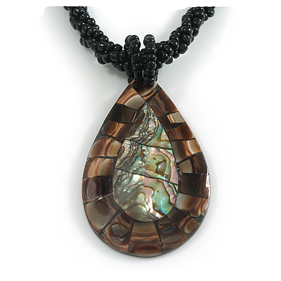 Teardrop Shell Pendant on Black Bead Twisted Cord Necklace in Brown/Abalone Colours - 44cm Long