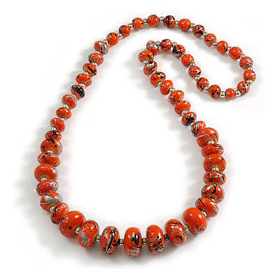 Graduated Wooden Bead Long Necklace in Orange/Black/Metallic Silver Colours - 80cm
