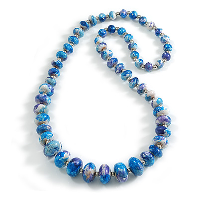 Long Graduated Oval/Round Wooden Bead Colour Fusion Necklace in Purple/Blue/White Colours - 80cm Long