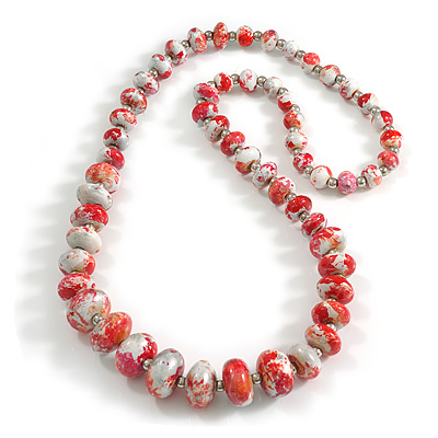Long Graduated Oval/Round Wooden Bead Colour Fusion Necklace in Red/Metallic Silver/White Colours - 80cm Long