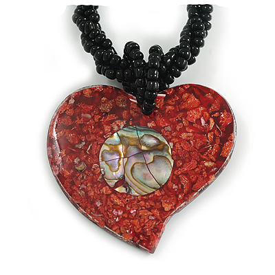 Heart Shell Pendant with Black Bead Twisted Cord Necklace in Red/Abalone Colours - 44cm Long