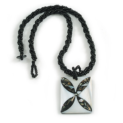 Shell Rectangular Pendant with Twisted Beaded Cord Necklace in Black/Light Grey/Abalone Colours - 44cm Long