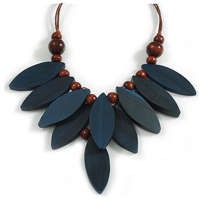 V Shape Wooden Leaf and Round Bead Cotton Cord Necklace in Dark Blue/ Brown - 74cm L/ 10cm Front Drop