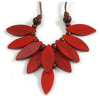 V Shape Wooden Leaf and Round Bead Cotton Cord Necklace in Red/ Brown - 74cm L/ 10cm Front Drop