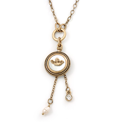 Vintage Inspired Mother of Pearl 'Angel' Pendant On Burn Gold Chain Necklace - 36cm Length/ 7cm Extension - main view