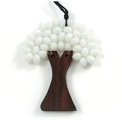 White Glass Bead/ Brown Wood Tree Of Life Pendant with Black Cotton Cord - 76cm L