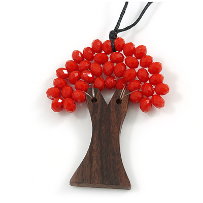 Red Glass Bead/ Brown Wood Tree Of Life Pendant with Black Cotton Cord - 76cm L - main view