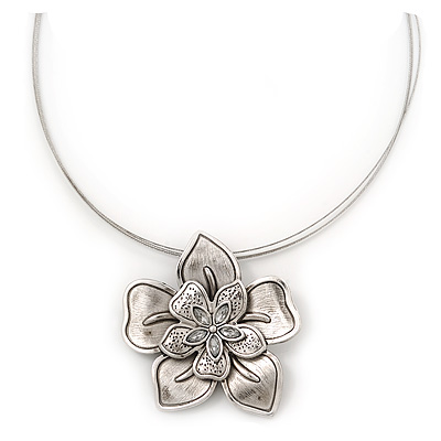 Silver Plated Layered Flower Pendant Wire Choker Necklace - 35cm Length/ 7cm Extension - main view