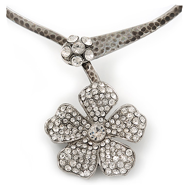 Clear Swarovski Crystal 'Flower' Pendant Hammered Collar Necklace In Burn Silver Finish - 38cm Length - main view