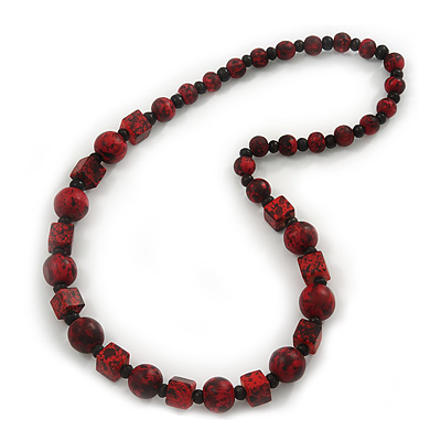 Long Red/Black Wooden 'Cube & Ball' Necklace - 74cm Length - main view