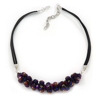 Chameleon Purple Cluster Glass Bead Black Suede Necklace In Silver Plating - 40cm Length/ 7cm Extender - main view