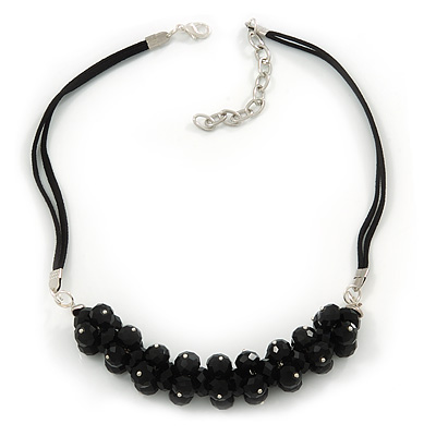 Black Cluster Glass Bead Suede Necklace In Silver Plating - 40cm Length/ 7cm Extender - main view