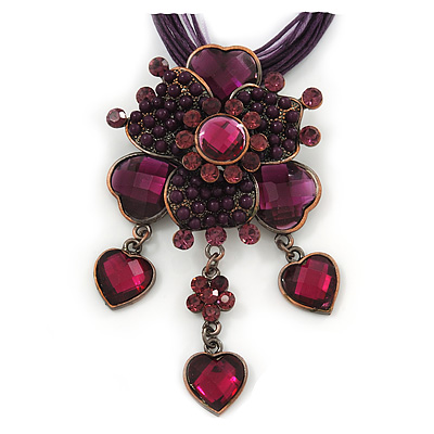 Violet/Purple Diamante Vintage Flower Pendant On Cotton Cords Necklace In Bronze Metal - 38cm Length/ 7cm Extension - main view