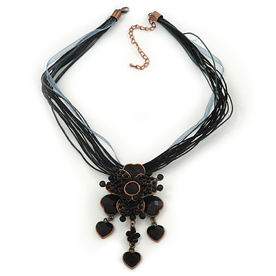 Black/ Grey Diamante Vintage Flower Pendant On Cotton Cords Necklace In Bronze Metal - 38cm Length/ 7cm Extension - main view