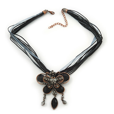 Black/Grey Diamante 'Butterfly With Tail' Cotton Cord Pendant Necklace In Bronze Metal - 38cm Length/ 8cm Extension