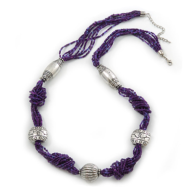 Purple Glass Bead With Hammered Metal Station Long Necklace In Silver Tone Finish - 70cm Length/ 7cm Extension - main view