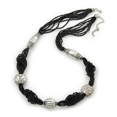 Black Glass Bead With Hammered Metal Station Long Necklace In Silver Tone Finish - 70cm Length/ 7cm Extension - main view