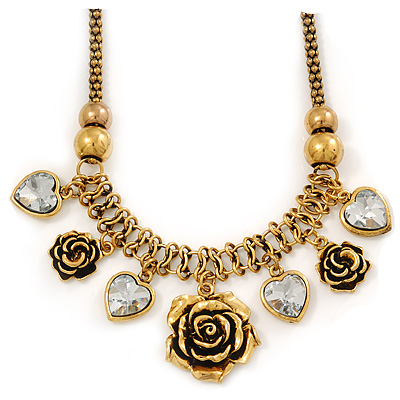 Vintage 'Rose&Heart' Mesh Charm Necklace In Burn Gold Metal - 40cm Length/ 6cm Extension