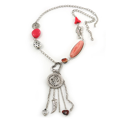 Long Hot Pink Stone and Silver Charm Tassel Necklace In Silver Tone - 75cm Length (5cm extension) - main view