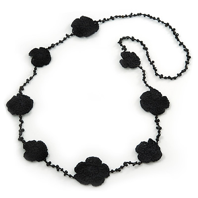 Long Black Floral Crochet, Glass Bead Necklace - 96cm Length - main view