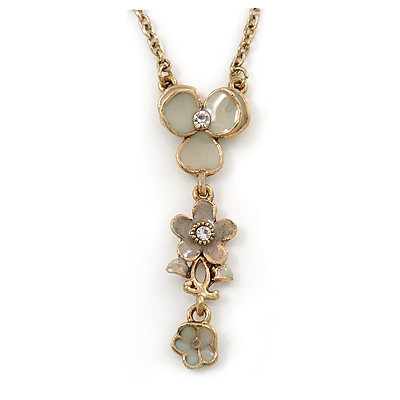 Light Grey/ Beige Enamel Floral Dangle Pendant Gold Tone Chain Necklace - 36cm Length/ 8cm Extension - main view