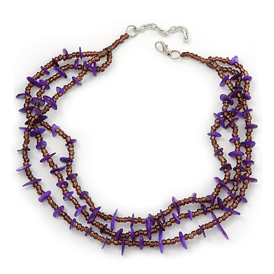 3 Strand Violet Shell Nugget, Lavender Glass Bead Necklace In Silver Tone - 42cm L/ 5cm Ext - main view