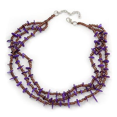 3 Strand Violet Shell Nugget, Lavender Glass Bead Necklace In Silver Tone - 42cm L/ 5cm Ext