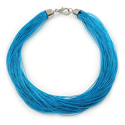 Multistrand Azure Blue Silk Cord Necklace In Silver Tone - 50cm L
